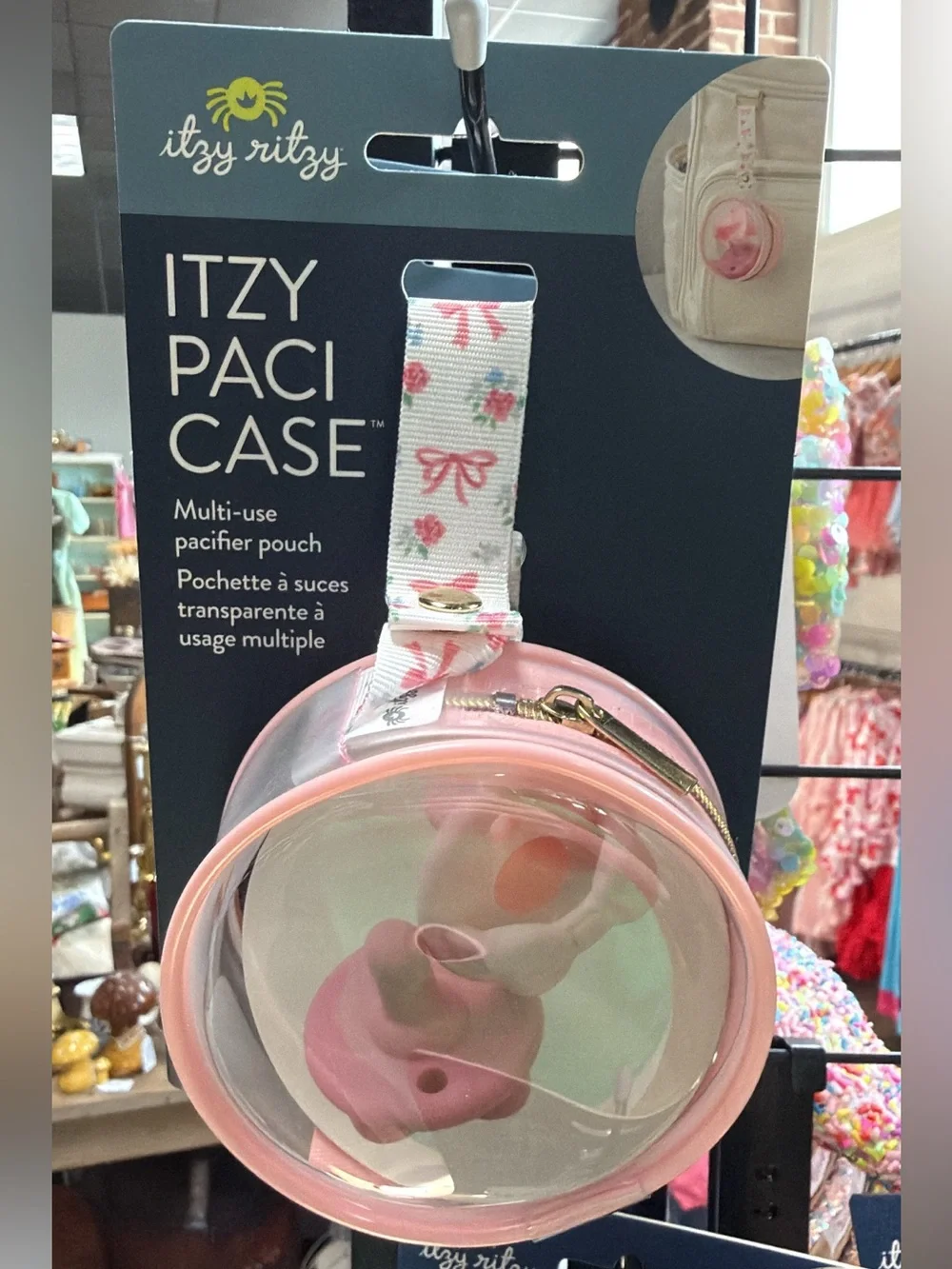 Itzy Ritzy Pink Clear Paci Case with Floral Strap